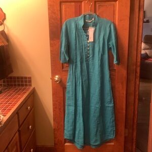 Soft Surroundings, NEW WITH TAGS, TURQUOISE buttoned, Theodora LINEN dress.